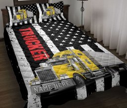 Personalized Trucker Quilt Bedding Set, Yellow Truck Trucker Driver US Flag Quilt Blanket With Pillowcases, Custom Name Duvet Cover Set