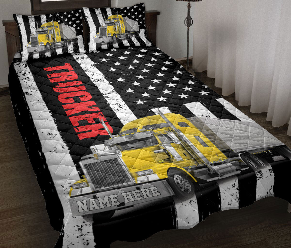 Personalized Trucker Quilt Bedding Set, Yellow Truck Trucker Driver US Flag Quilt Blanket With Pillowcases, Custom Name Duvet Cover Set
