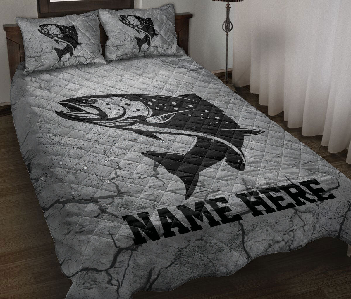 Personalized Fishing Quilt Bedding Set, Fishing Crack Grays Quilt Blanket With Pillowcases, Custom Name Duvet Cover Set