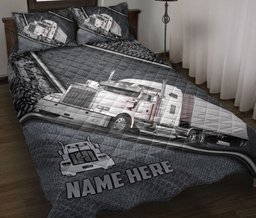 Personalized Trucker Quilt Bedding Set, White Truck Gray Trucker Truck Driver Quilt Blanket With Pillowcases, Custom Name Duvet Cover Set