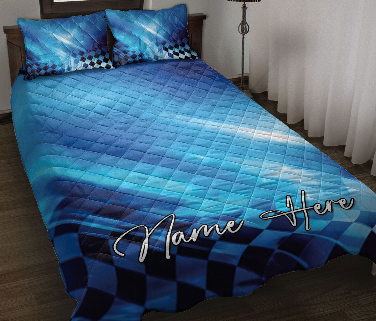 Personalized Racing Quilt Bedding Set, Racing Abstract Checkered Flag Speed Rally Quilt Blanket With Pillowcases, Custom Name Duvet Cover Set