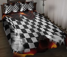 Personalized Racing Quilt Bedding Set, Racing Checkered Flag Race Flag Quilt Blanket With Pillowcases, Custom Name Duvet Cover Set