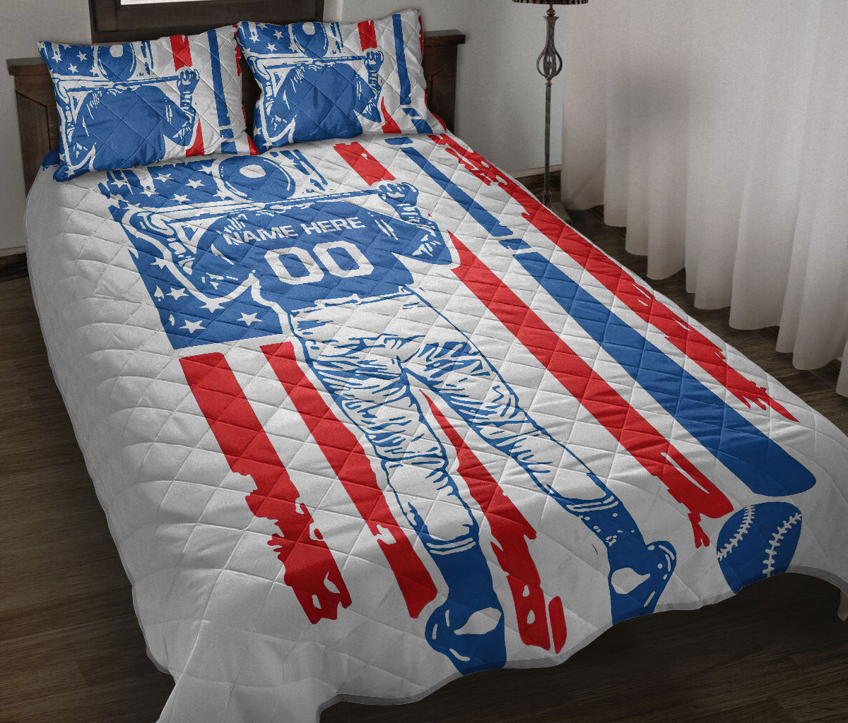 Personalized Baseball Quilt Bedding Set, Baseball Player American US Flag Quilt Blanket With Pillowcases, Duvet Cover Set