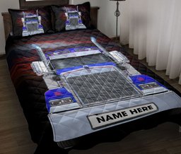 Personalized Trucker Quilt Bedding Set, Blue Truck Love Trucker Driver Quilt Blanket With Pillowcases, Custom Name Duvet Cover Set