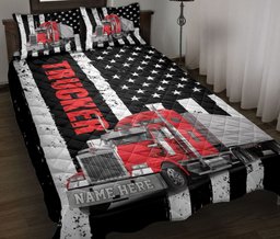 Personalized Trucker Quilt Bedding Set, Red Truck Trucker Driver US Flag Quilt Blanket With Pillowcases, Custom Name Duvet Cover Set
