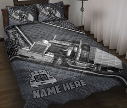 Personalized Trucker Quilt Bedding Set, Black Truck Gray Trucker Truck Driver Quilt Blanket With Pillowcases, Custom Name Duvet Cover Set
