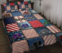 Personalized Trucker Quilt Bedding Set, Truck American Patchwork Trucker Quilt Blanket With Pillowcases, Custom Name Duvet Cover Set