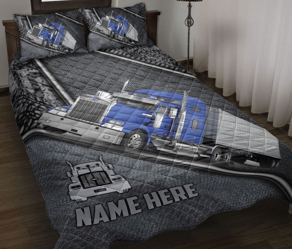 Personalized Trucker Quilt Bedding Set, Blue Truck Gray Trucker Truck Driver Quilt Blanket With Pillowcases, Custom Name Duvet Cover Set