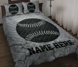 Personalized Baseball Quilt Bedding Set, Baseball Ball Crack Gray Quilt Blanket With Pillowcases, Custom Name Duvet Cover Set, Sports Gifts
