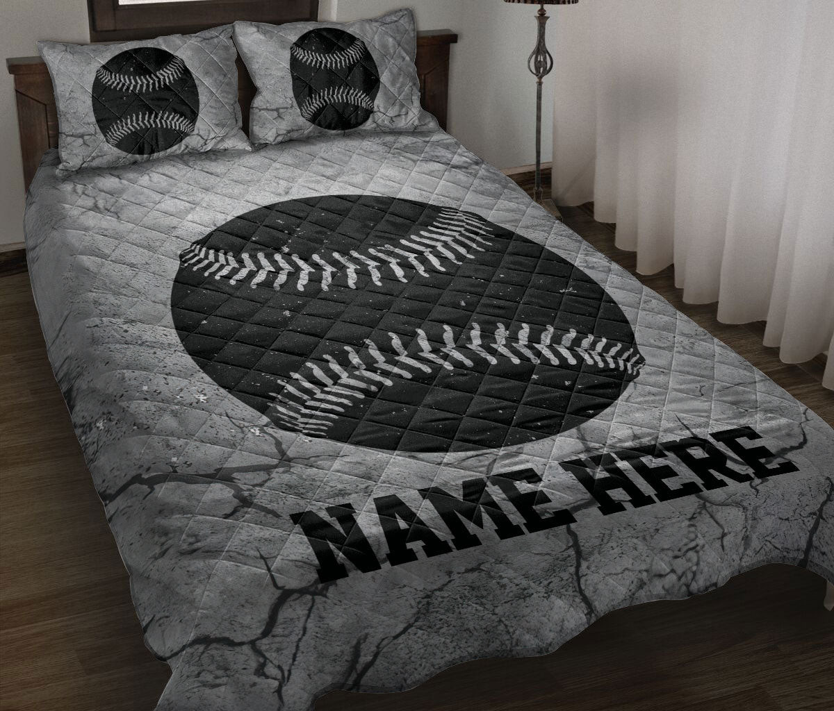 Personalized Baseball Quilt Bedding Set, Baseball Ball Crack Gray Quilt Blanket With Pillowcases, Custom Name Duvet Cover Set, Sports Gifts