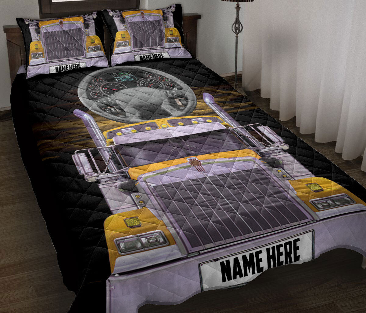 Personalized Trucker Quilt Bedding Set, Yellow Truck Trucker Truck Driver Quilt Blanket With Pillowcases, Custom Name Duvet Cover Set