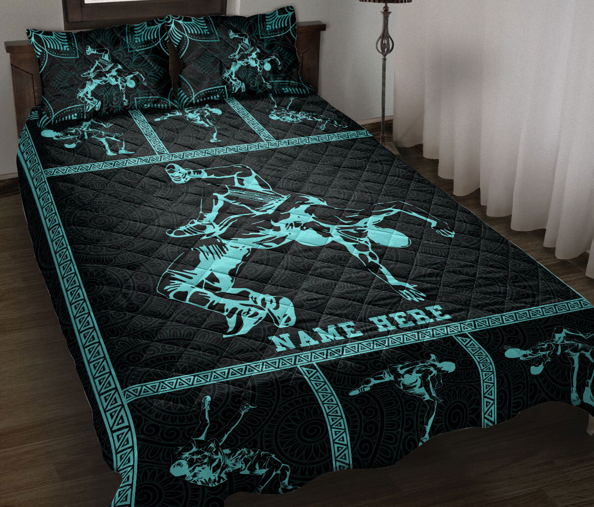 Personalized Wrestling Quilt Bedding Set, Wrestling Blue Patchwork Wrestler Quilt Blanket With Pillowcases, Custom Name Duvet Cover Set