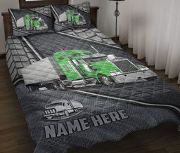 Personalized Trucker Quilt Bedding Set, Green Truck Driver Trucker Silver Quilt Blanket With Pillowcases, Custom Name Duvet Cover Set