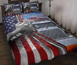 Personalized Trucker Quilt Bedding Set, Black Truck Trucker Driver Quilt Blanket With Pillowcases, Custom Name Duvet Cover Set