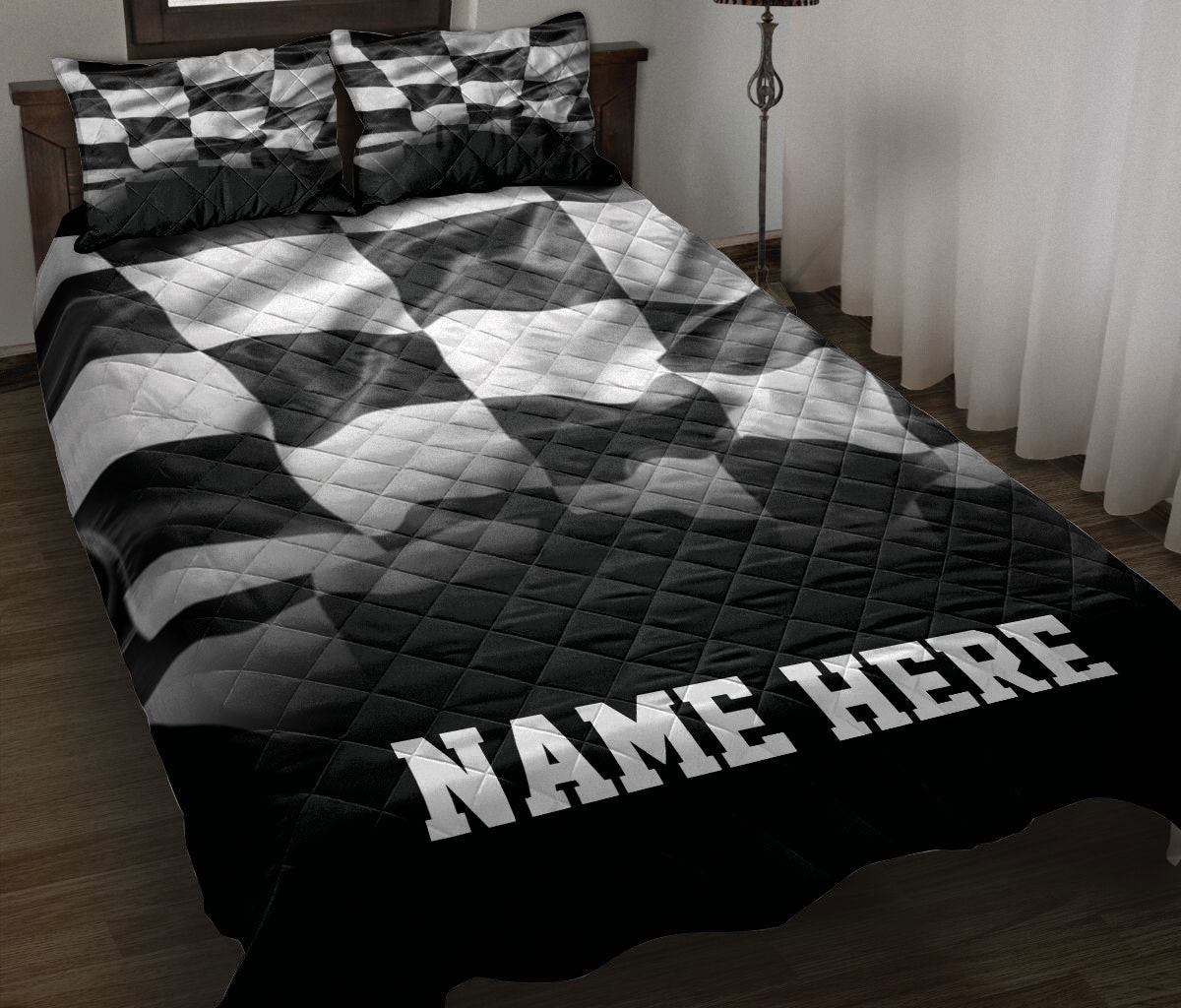 Personalized Racing Quilt Bedding Set, Racing Checkered Flag Black White Quilt Blanket With Pillowcases, Custom Name Duvet Cover Set