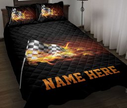 Personalized Racing Quilt Bedding Set, Racing Checkered Flag Fire Flame Race Quilt Blanket With Pillowcases, Custom Name Duvet Cover Set