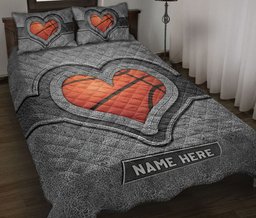 Personalized Basketball Quilt Bedding Set, Basketball Heart Gray Quilt Blanket With Pillowcases, Custom Name Duvet Cover Set