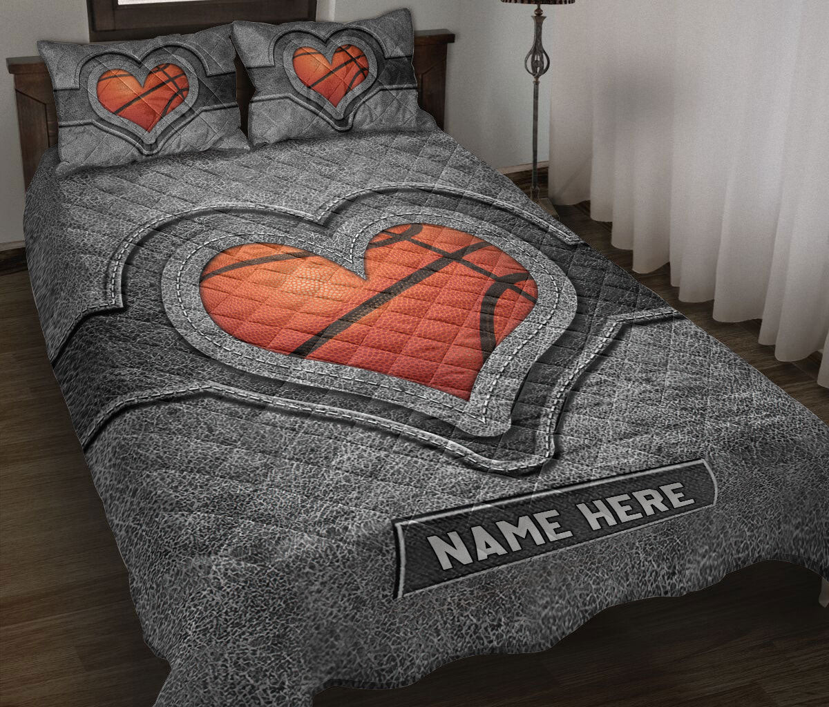 Personalized Basketball Quilt Bedding Set, Basketball Heart Gray Quilt Blanket With Pillowcases, Custom Name Duvet Cover Set