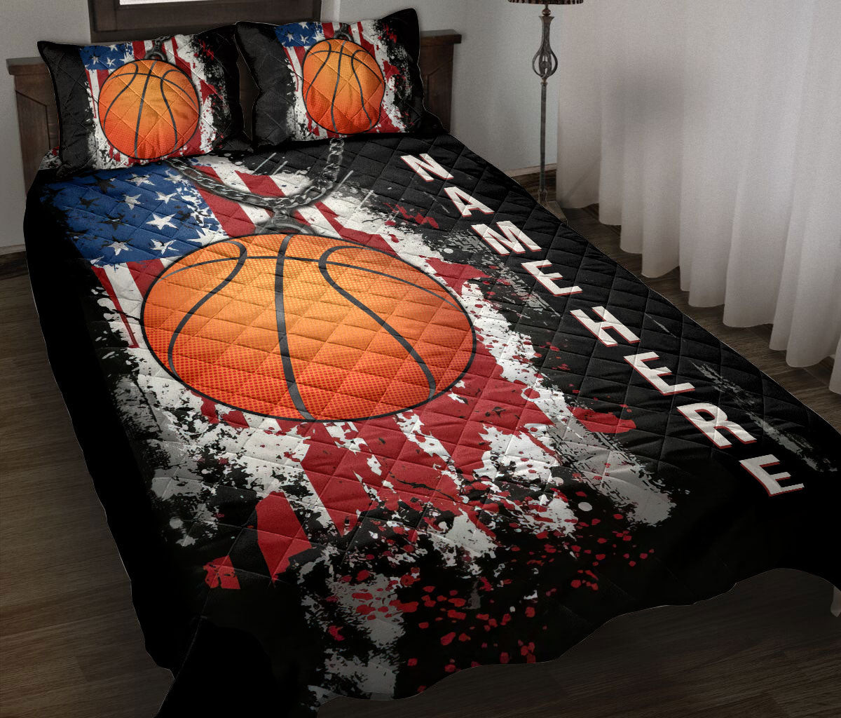 Personalized Basketball Quilt Bedding Set, Basketball Ball US Flag Quilt Blanket With Pillowcases, Custom Name Duvet Cover Set