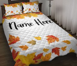 Personalized Quilt Bedding Set, Autumn Leaves Border Quilt Blanket With Pillowcases, Custom Name Duvet Cover Set, Autumn Gift