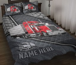 Personalized Trucker Quilt Bedding Set, Red Truck Driver Trucker Silver Quilt Blanket With Pillowcases, Custom Name Duvet Cover Set