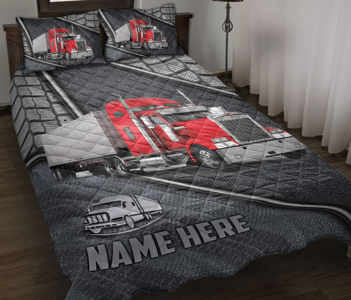 Personalized Trucker Quilt Bedding Set, Red Truck Driver Trucker Silver Quilt Blanket With Pillowcases, Custom Name Duvet Cover Set