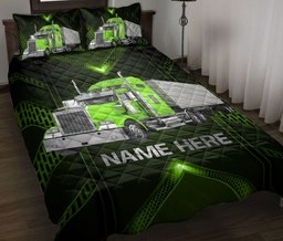 Personalized Trucker Quilt Bedding Set, Green Truck Carbon Trucker Driver Quilt Blanket With Pillowcases, Custom Name Duvet Cover Set