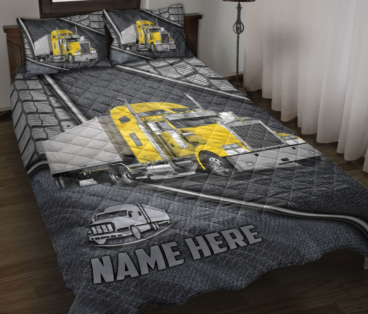 Personalized Trucker Quilt Bedding Set, Yellow Truck Driver Trucker Silver Quilt Blanket With Pillowcases, Custom Name Duvet Cover Set