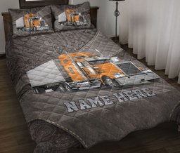 Personalized Trucker Quilt Bedding Set, Orange Truck Trucker Driver Quilt Blanket With Pillowcases, Custom Name Duvet Cover Set