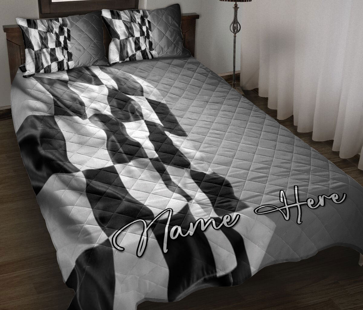 Personalized Racing Quilt Bedding Set, Racing Checkered Black And White Flag Quilt Blanket With Pillowcases, Custom Name Duvet Cover Set