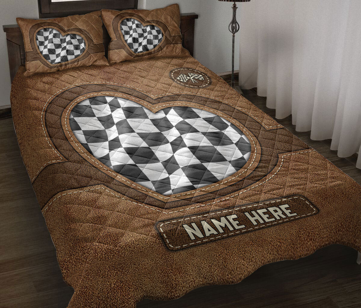 Personalized Racing Quilt Bedding Set, Racing Checkered Flag Heart Quilt Blanket With Pillowcases, Custom Name Duvet Cover Set