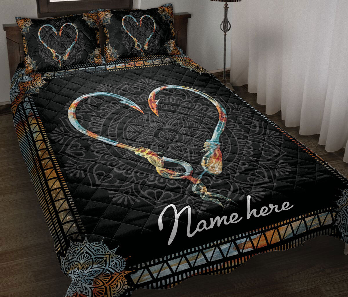 Personalized Fishing Quilt Bedding Set, Fishing Hook Mandala Black Quilt Blanket With Pillowcases, Custom Name Duvet Cover Set