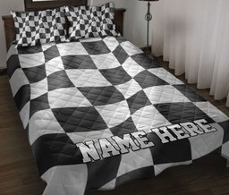 Personalized Racing Quilt Bedding Set, Racing Black White Checkered Flag Quilt Blanket With Pillowcases, Custom Name Duvet Cover Set