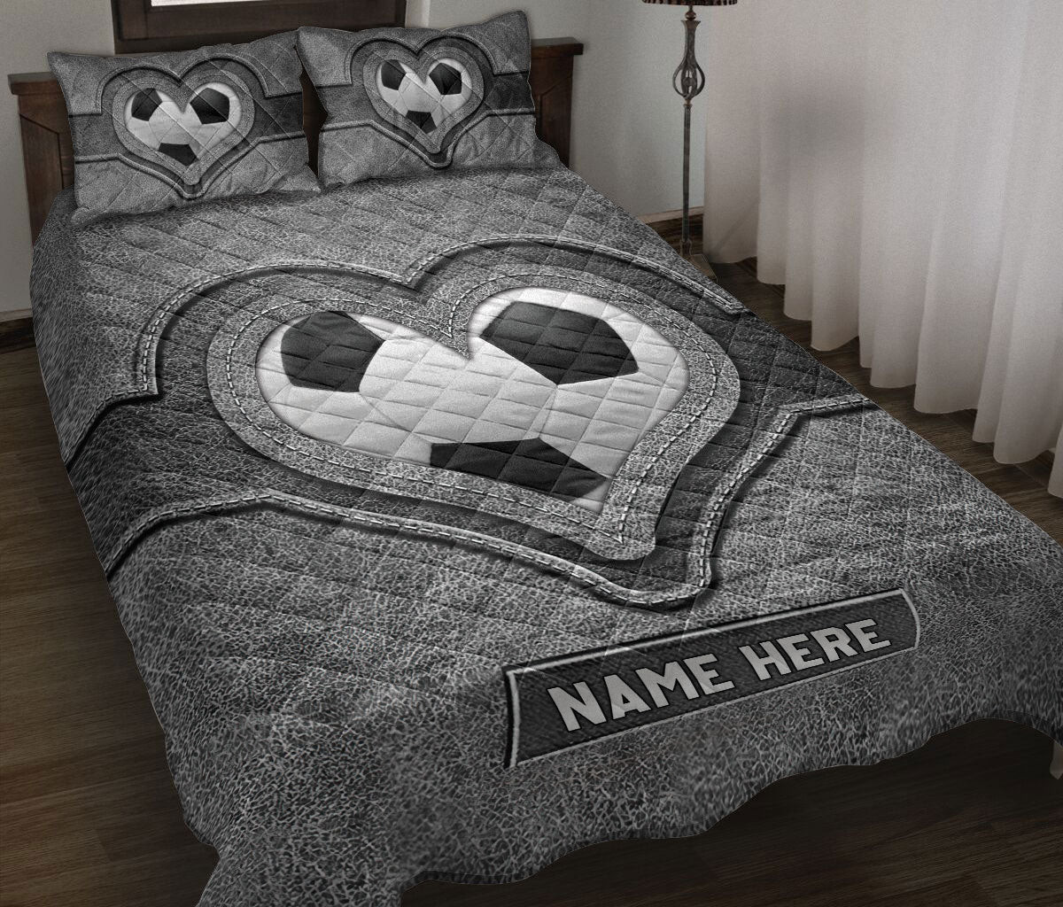 Personalized Soccer Quilt Bedding Set, Soccer Heart Gray Quilt Blanket With Pillowcases, Custom Name Duvet Cover Set