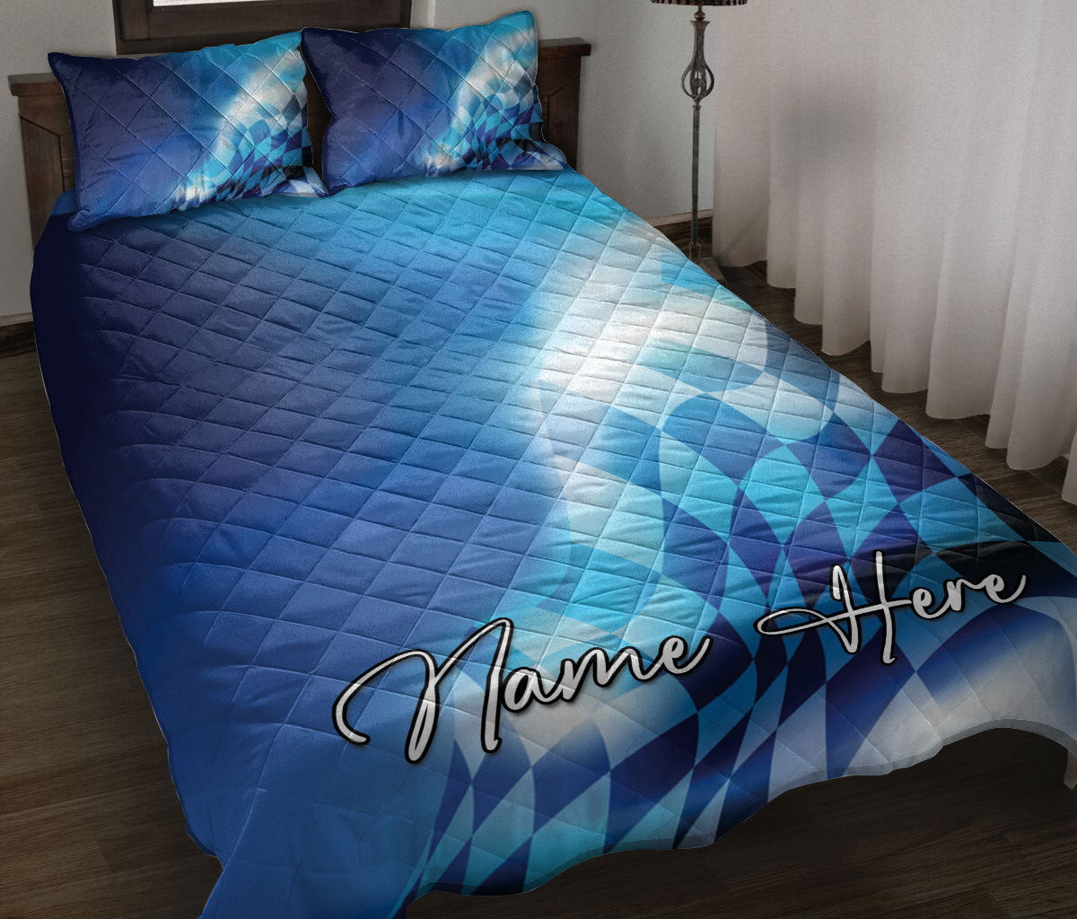 Personalized Racing Quilt Bedding Set, Racing Checkered Flag Blue Race Quilt Blanket With Pillowcases, Custom Name Duvet Cover Set
