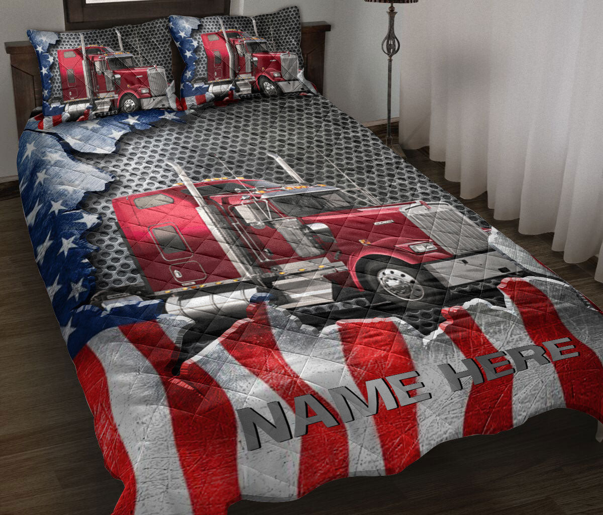 Personalized Trucker Quilt Bedding Set, Red Truck US Flag Trucker Driver Quilt Blanket With Pillowcases, Custom Name Duvet Cover Set
