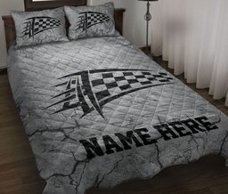 Personalized Racing Quilt Bedding Set, Racing Crack Gray Quilt Blanket With Pillowcases, Custom Name Duvet Cover Set