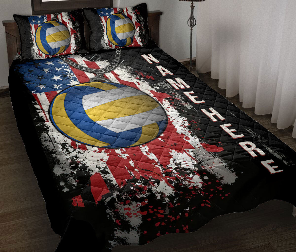 Personalized Volleyball Quilt Bedding Set, Volleyball Ball US Flag Quilt Blanket With Pillowcases, Custom Name Duvet Cover Set