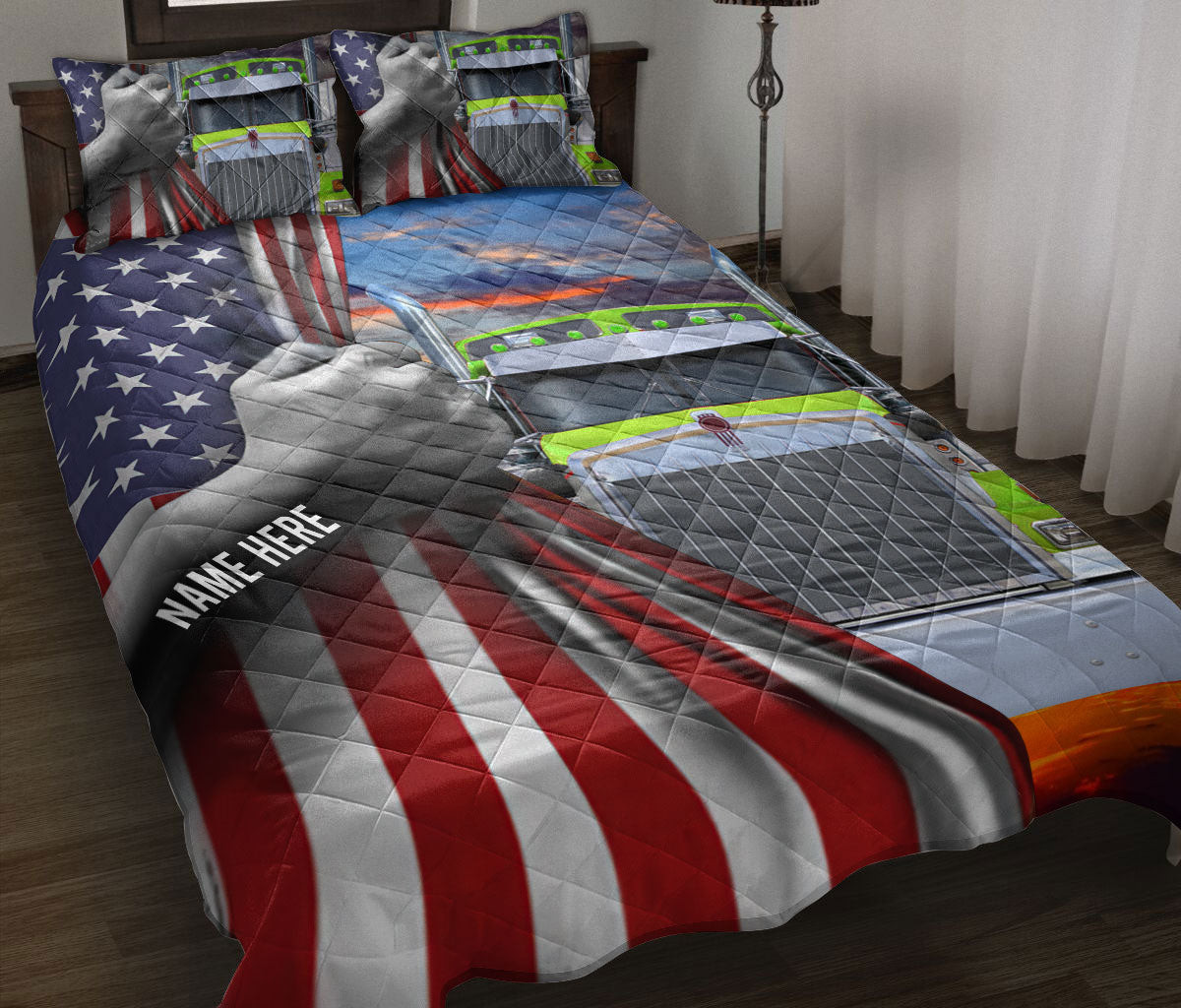 Personalized Trucker Quilt Bedding Set, Lime Truck Trucker Driver Quilt Blanket With Pillowcases, Custom Name Duvet Cover Set