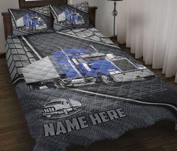Personalized Trucker Quilt Bedding Set, Blue Truck Driver Trucker Silver Quilt Blanket With Pillowcases, Custom Name Duvet Cover Set