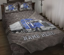 Personalized Trucker Quilt Bedding Set, Blue Truck Trucker Driver Quilt Blanket With Pillowcases, Custom Name Duvet Cover Set