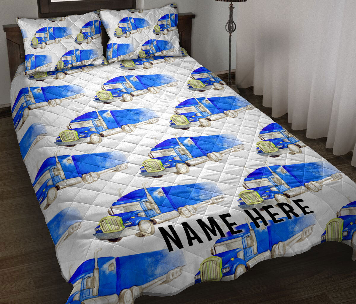 Personalized Trucker Quilt Bedding Set, Blue Truck Trucker Driver Quilt Blanket With Pillowcases, Custom Name Duvet Cover Set