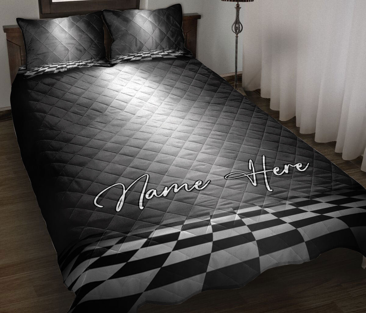 Personalized Racing Quilt Bedding Set, Racing Checkered Spotlight Stage Floor Quilt Blanket With Pillowcases, Custom Name Duvet Cover Set