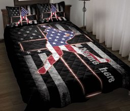 Personalized Baseball Quilt Bedding Set, Baseball Batterian JesusCross US Flag Quilt Blanket With Pillowcases, Custom Name Duvet Cover Set, Sports Gifts