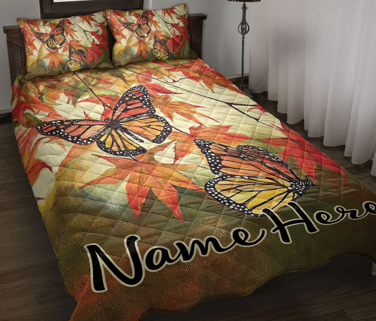Personalized Quilt Bedding Set, Autumnn Butterflies Quilt Blanket With Pillowcases, Custom Name Duvet Cover Set, Autumn Gift