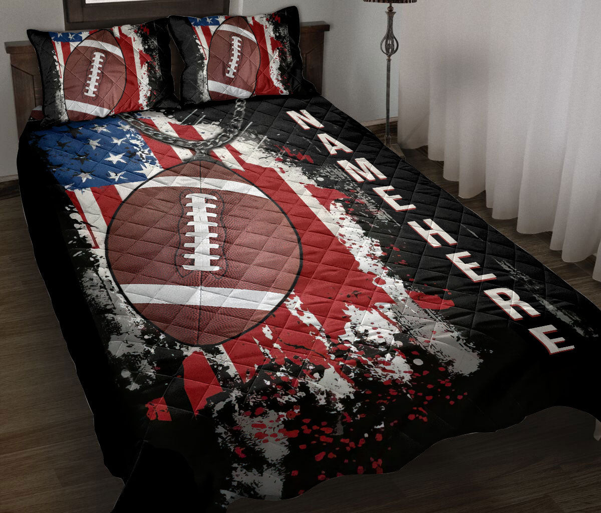 Personalized Football Quilt Bedding Set, Football Ball American US Flag Quilt Blanket With Pillowcases, Custom Name Duvet Cover Set