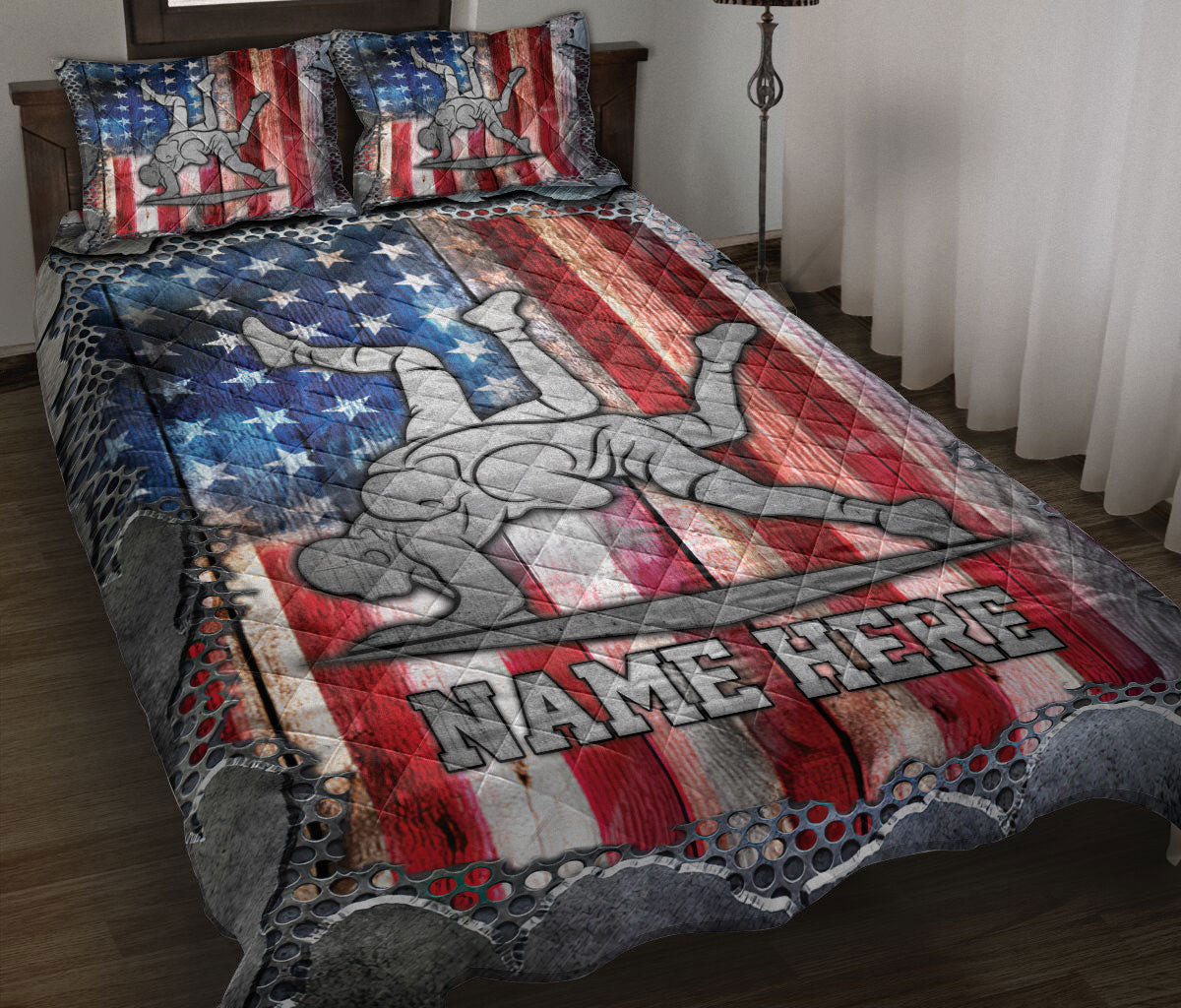 Personalized Wrestling Quilt Bedding Set, Wrestling Wrestler US Flag Crack Quilt Blanket With Pillowcases, Custom Name Duvet Cover Set