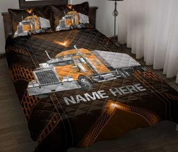 Personalized Trucker Quilt Bedding Set, Orange Truck Carbon Trucker Driver Quilt Blanket With Pillowcases, Custom Name Duvet Cover Set
