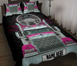 Personalized Trucker Quilt Bedding Set, Pink Trucker Truck Driver Quilt Blanket With Pillowcases, Custom Name Duvet Cover Set