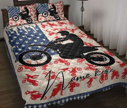 Personalized Motocross Quilt Bedding Set, US Flag Motorcycle Racing Motocross Quilt Blanket With Pillowcases, Custom Name Duvet Cover Set
